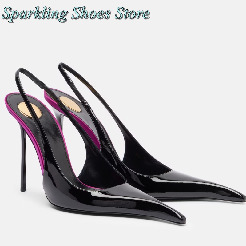 Summer Clothing Items - New Black Patent High Heels Patchwork