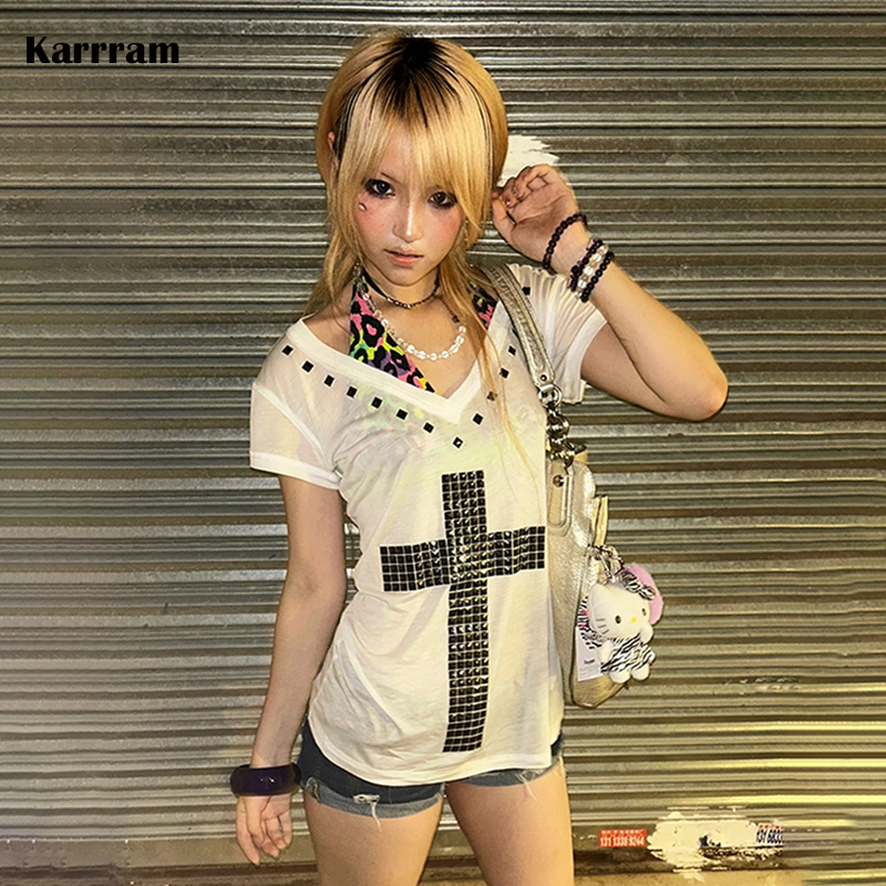Summer Grunge Clothing - Karrram Japanese Y2k Metal Cross Print