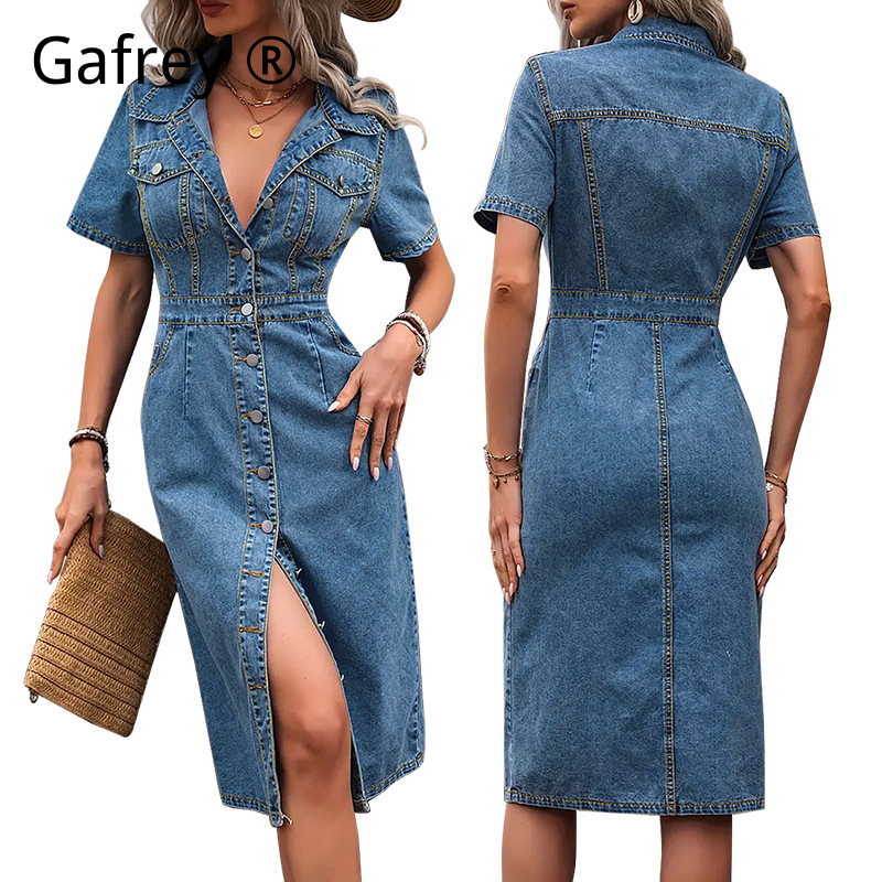 Plus Size Women Lapel Denim Dr - Summer Clothing Office recension och pris